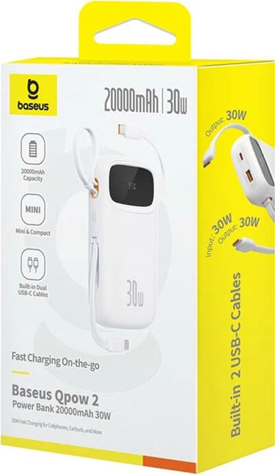 Powerbank Baseus QPow 2, 20000mAh, 30W, 2xUSB-C, e bardhë