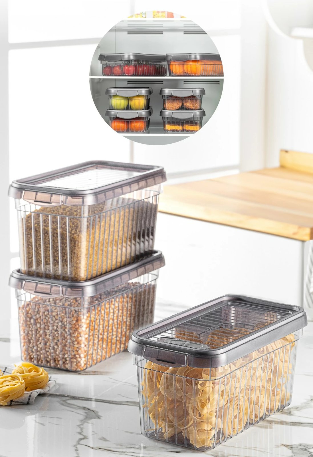 Set kuti plastike për organizim (3 copë), ngjyrë antracit, BNM-7994