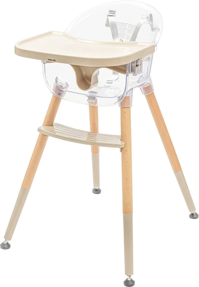 Karrige ushqimi bebe, Baby Mix, Ingrid, tabaka e dyfishtë e rregullueshme, këmbë druri, rrip 5-pikësh, deri 15 kg, bezhë