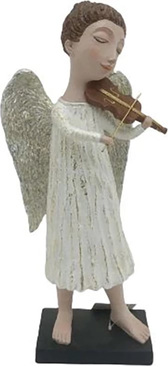 Engjëll dekorativ për Krishtlindje me violinë, krahë, 18x12x39cm, polirezine, bardhë-bezhë