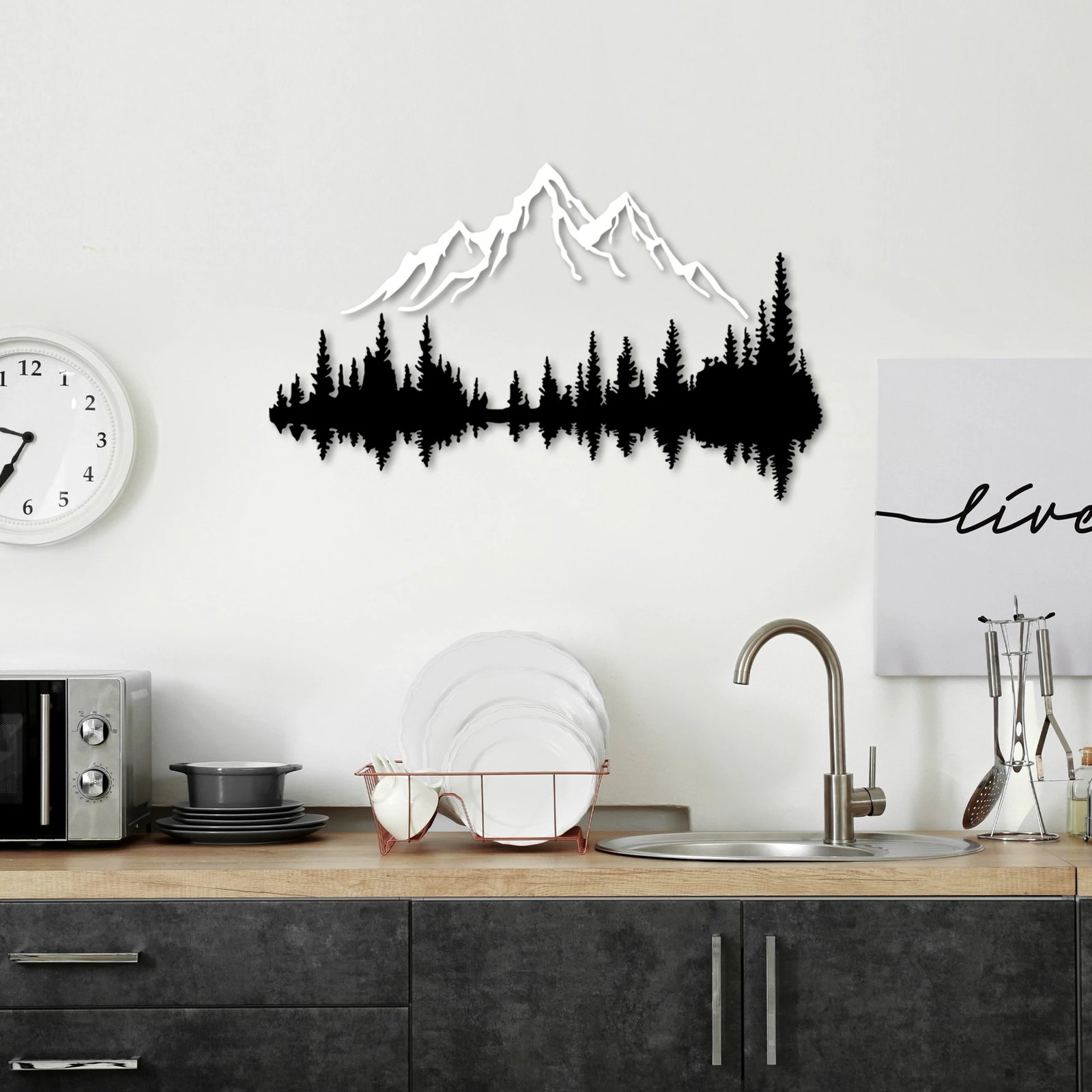 Aksesor muri dekorativ prej metali, Wallity, natyrë dhe male - 8, ngjyrë e zezë dhe e bardhë