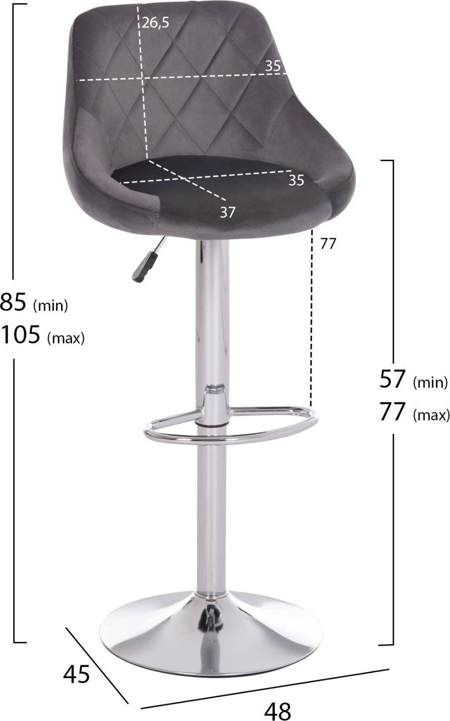 Karrige për bar ROSE, bazë e kromuar, sustë, kadife gri, 48x45x105cm, set prej 2 copë