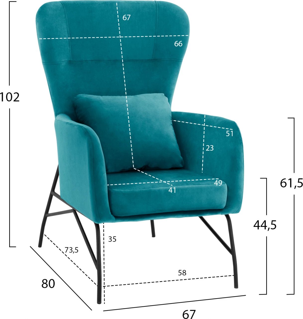 Bergere kadife, ngjyrë turkuaz, këmbë metalike të zeza, FH8721.08, 67x80x102 cm