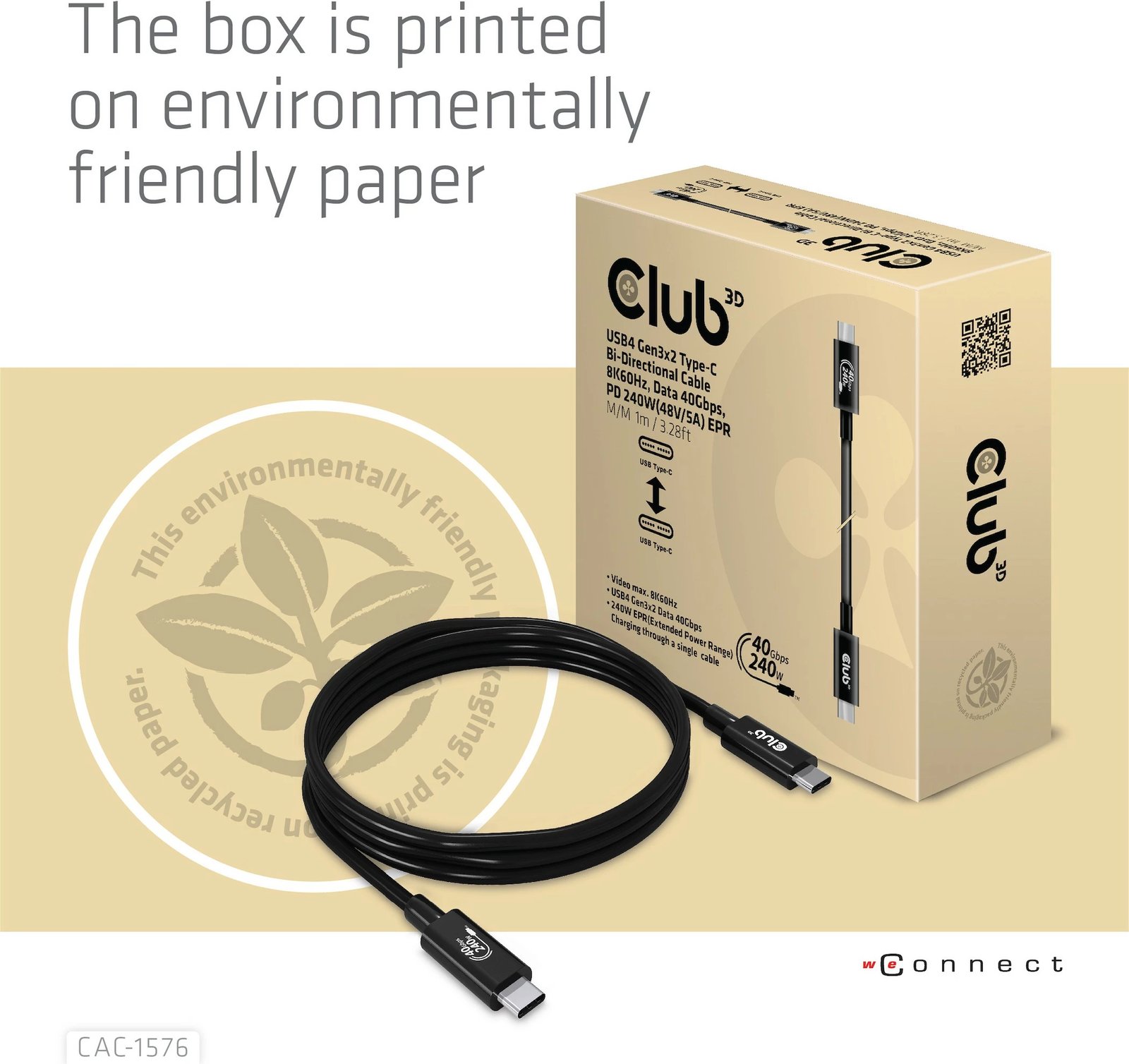 Kabllo USB C Club 3D 1m, USB4, 240W, 40Gbps, e zezë