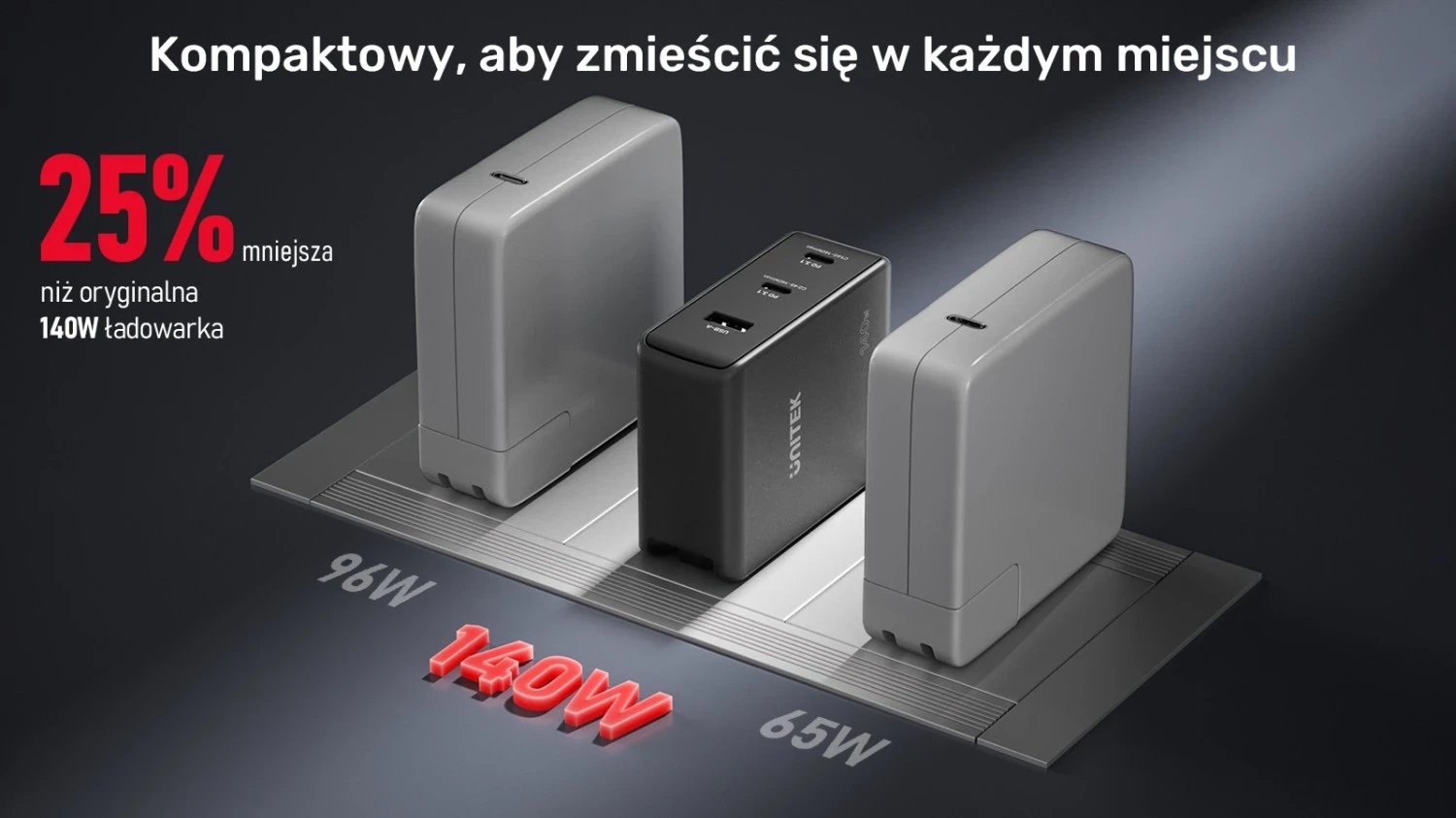 Karikues Unitek GaN me 3 porta, 140W, ngjyrë e zezë
