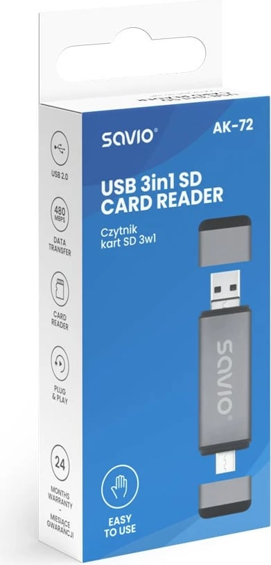 Lexues kartelash SD 3-në-1 Savio AK-72, USB-C, USB-A 2.0, Micro USB, Gri