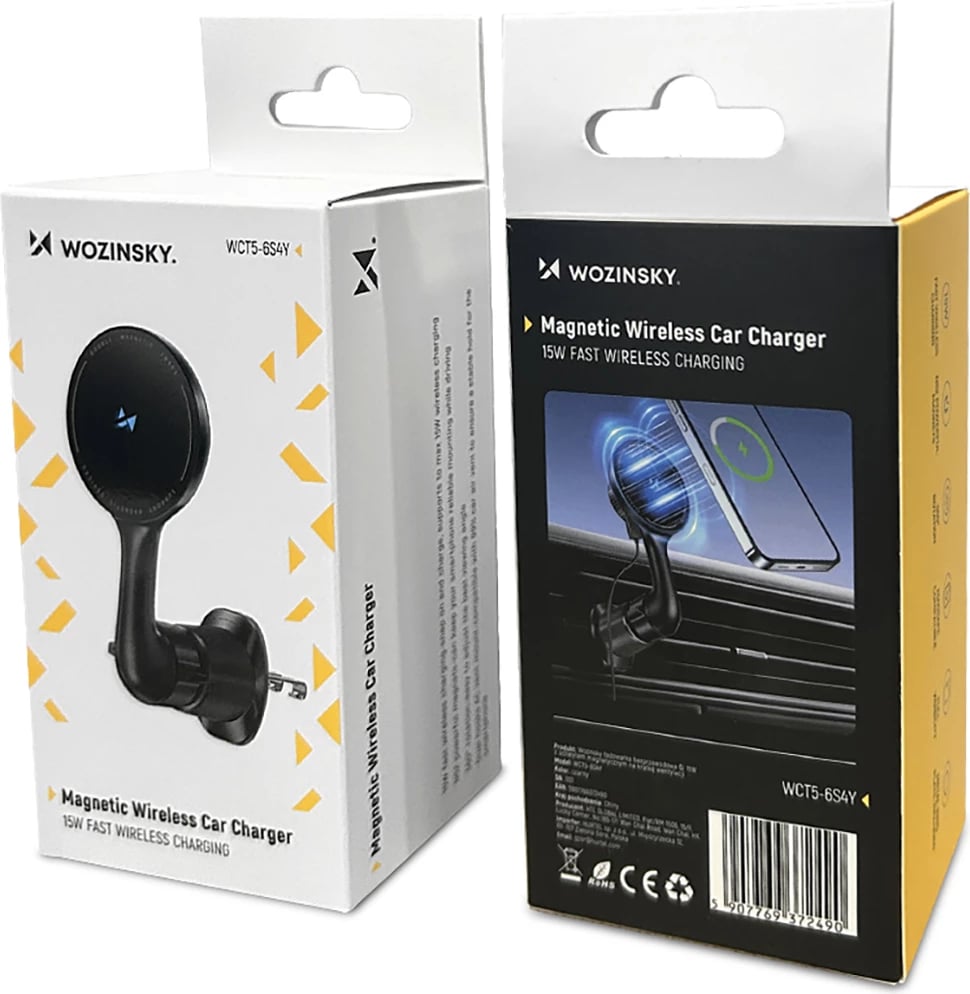 Mbajtëse veture me karikues pa tela 15W Qi/MagSafe, Wozinsky WCT5-6S4Y, montim në grilë ajrimi, USB-C, magnetike, e zezë