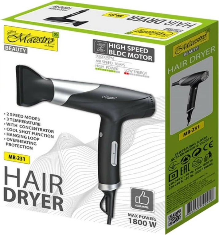 Tharëse flokësh Feel-Maestro MR-231, 1800W, e zezë/argjendtë