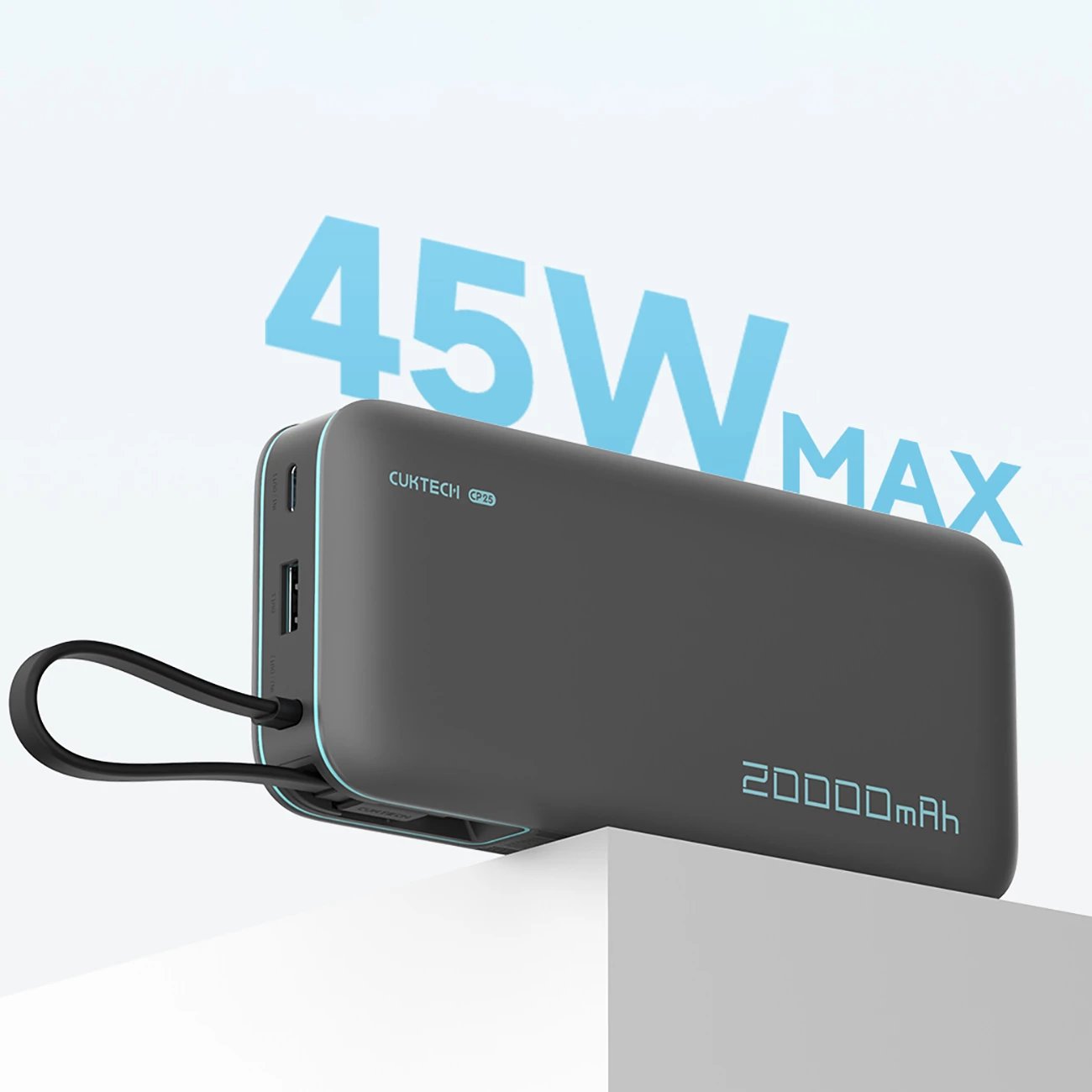 Powerbank Cuktech CUKP200NGLDG 20000mAh, 55W, me kabllo USB-C të integruar, Gri