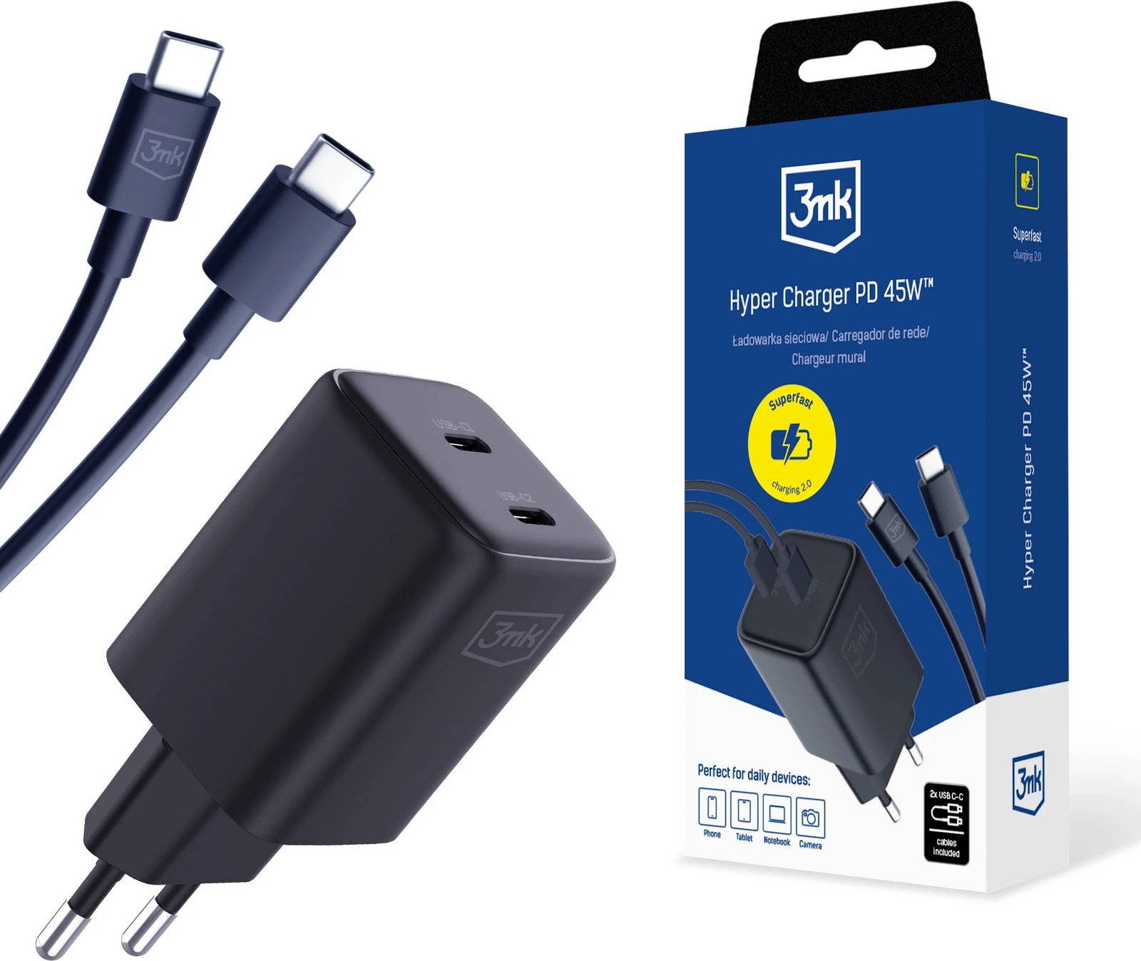 Karikues muri 3mk Hyper Charger PD 45W me GaN, 2x USB-C, me kabllo, Zi