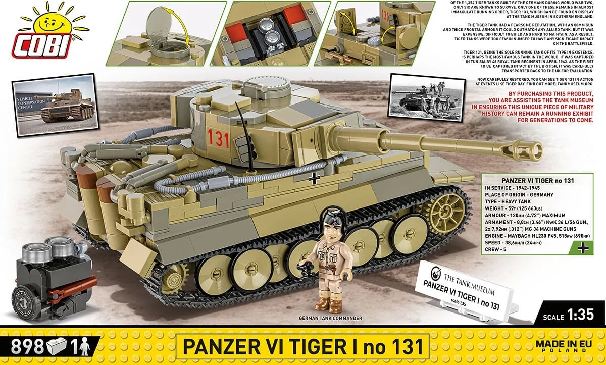 Set ndërtimi Cobi Klocki Panzer VI Tiger I no 131, 898 pjesë, me figurë, e verdhë