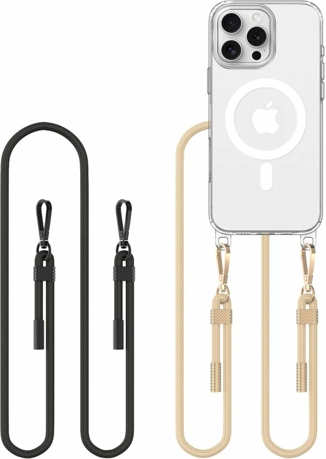 Mbështjellës Tech-Protect FlexAir Chain MagSafe për iPhone 16 Pro, Transparent + 2 litarë (i zi dhe bezhë)