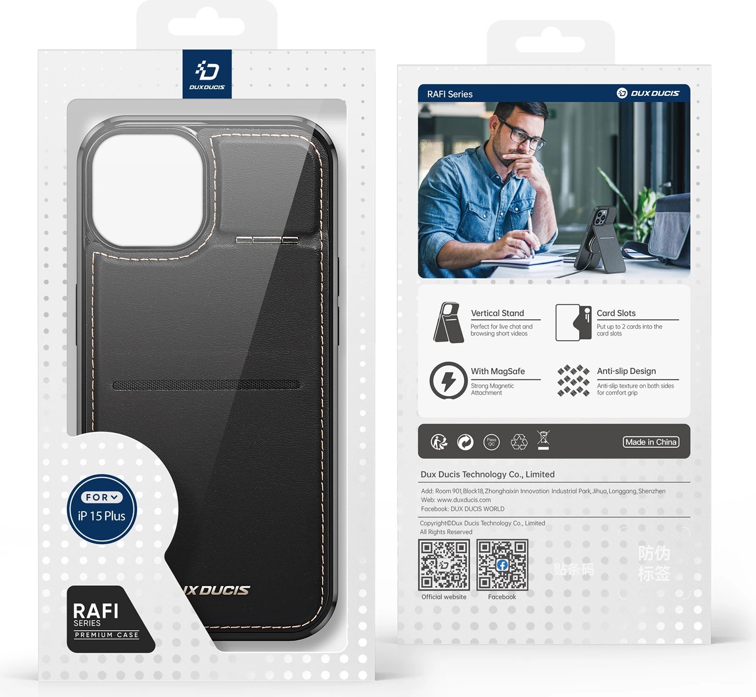 Mbështjellës Dux Ducis Rafi Mag për iPhone 15 Plus, me portofol, MagSafe, bllokues RFID, e zezë