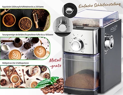 bluarëse kafe me rrota metalike, Adler AD 4448, hinkë 250g, depozitë 100g, rregullim i imtësisë dhe 2–12 porcione, 150W (300W max), e zezë/inox bluarëse kafe me rrota metalike, Adler AD 4448, hinkë 250g, depozitë 100g, rregullim i imtësisë dhe 2–12 porcione, 150W (300W max), e zezë/inox
