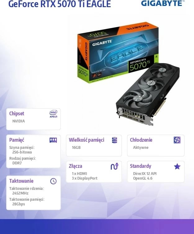 Kartelë grafike Gigabyte GeForce RTX 5070 Ti EAGLE OC, 16 GB, GDDR7, e zezë