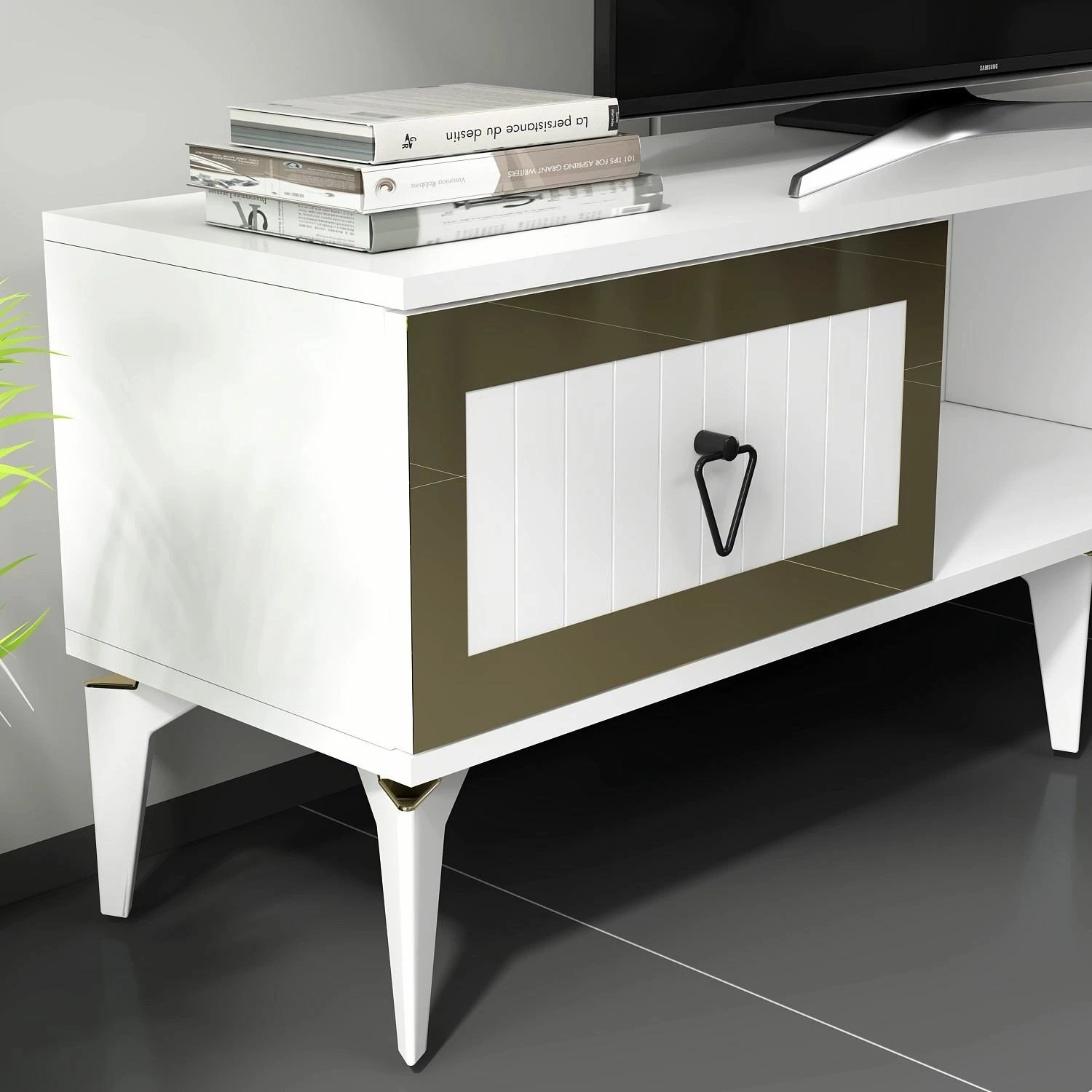 Komodë TV Skye Decor, Linda, e bardhë, e artë