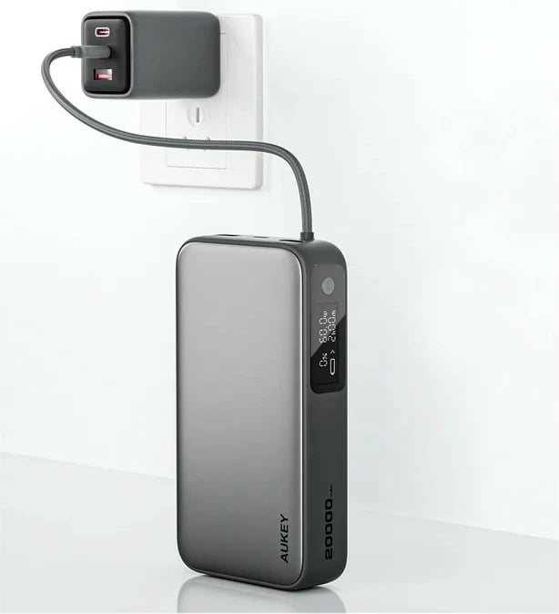 Power bank AUKEY PB-Y48 Spark Sling, 20000mAh, 130W, 4xUSB, LED, kabllo USB-C, Gri