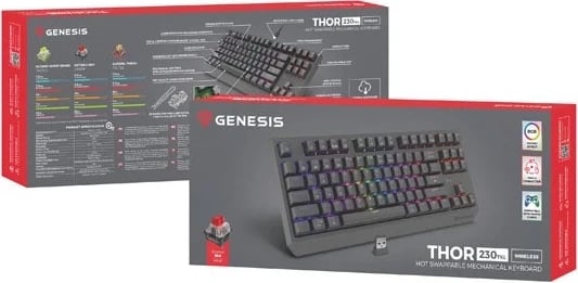 Tastierë mekanike Genesis Thor 230 TKL Wireless, RGB, Outemu Red, e zezë Tastierë mekanike Genesis Thor 230 TKL Wireless, RGB, Outemu Red, e zezë