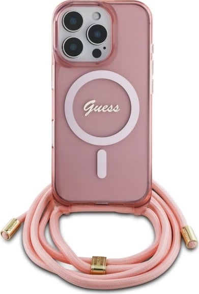 Mbështjellës Guess Crossbody Cord Script MagSafe për iPhone 16 Pro Max, Rozë