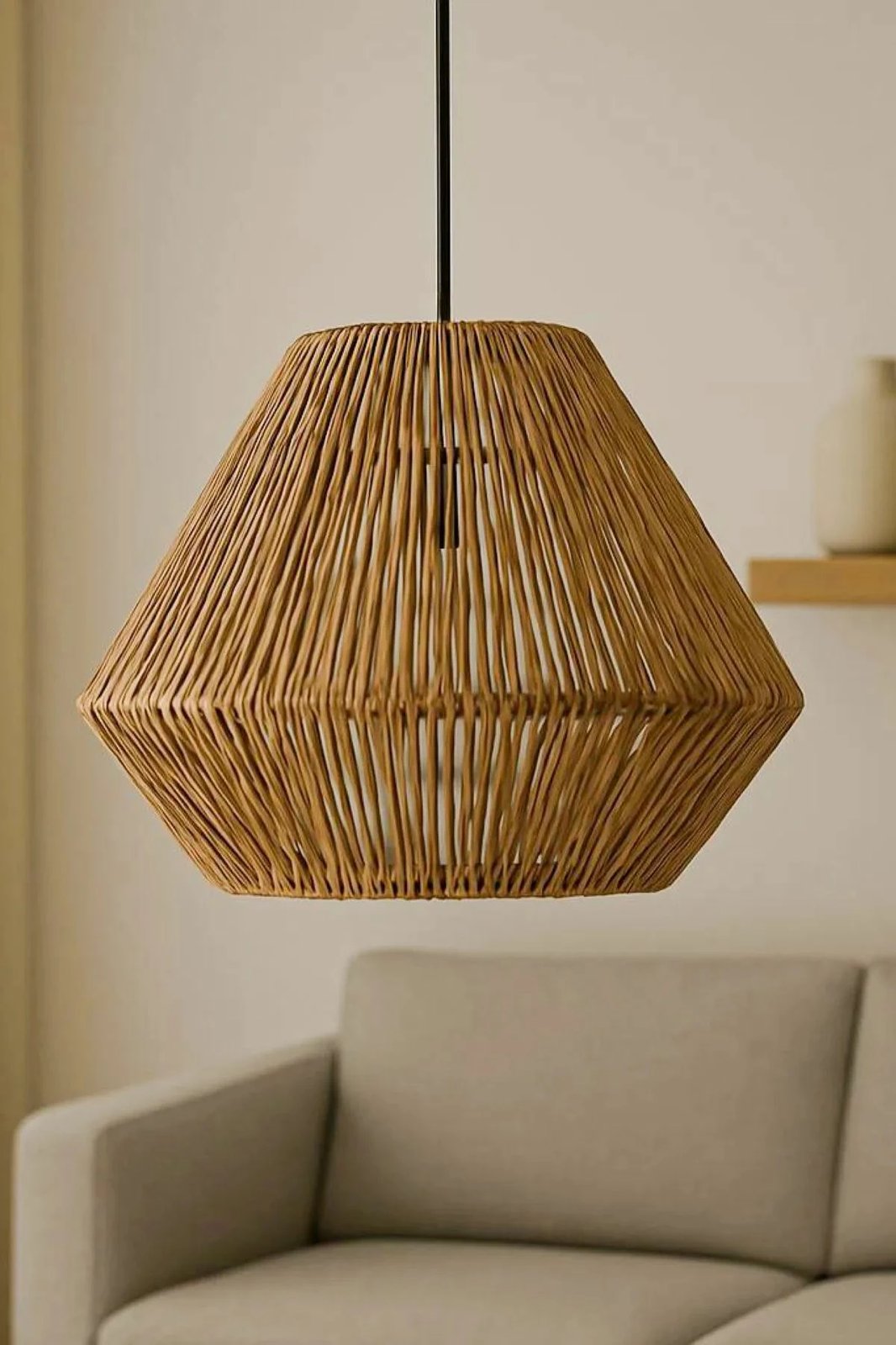 Llambë tavani Opviq, BK085, ngjyrë ecru, trup metalik, kapak rafia, lartësi e rregullueshme