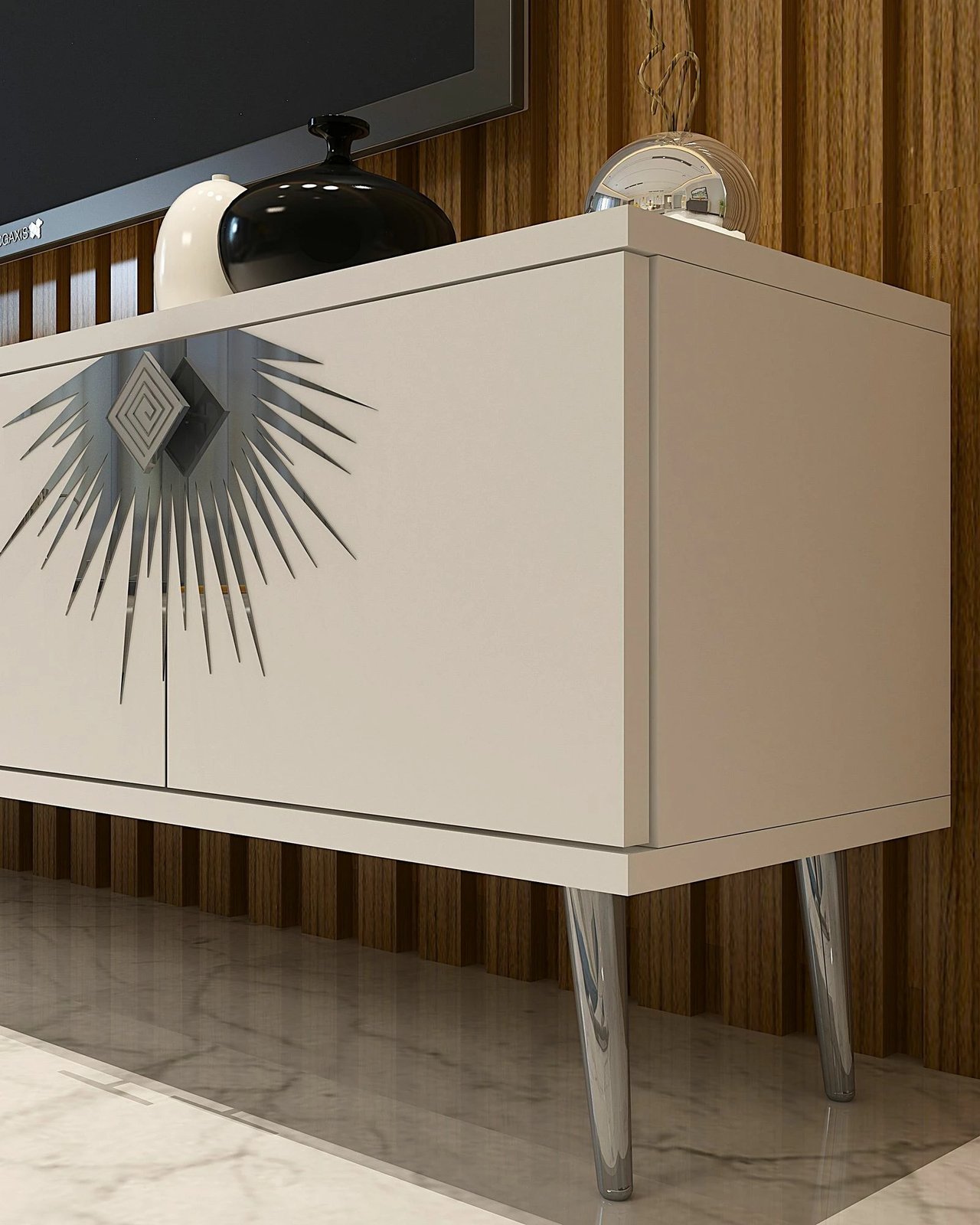 Komodë TV Skye Decor, e bardhë, argjend