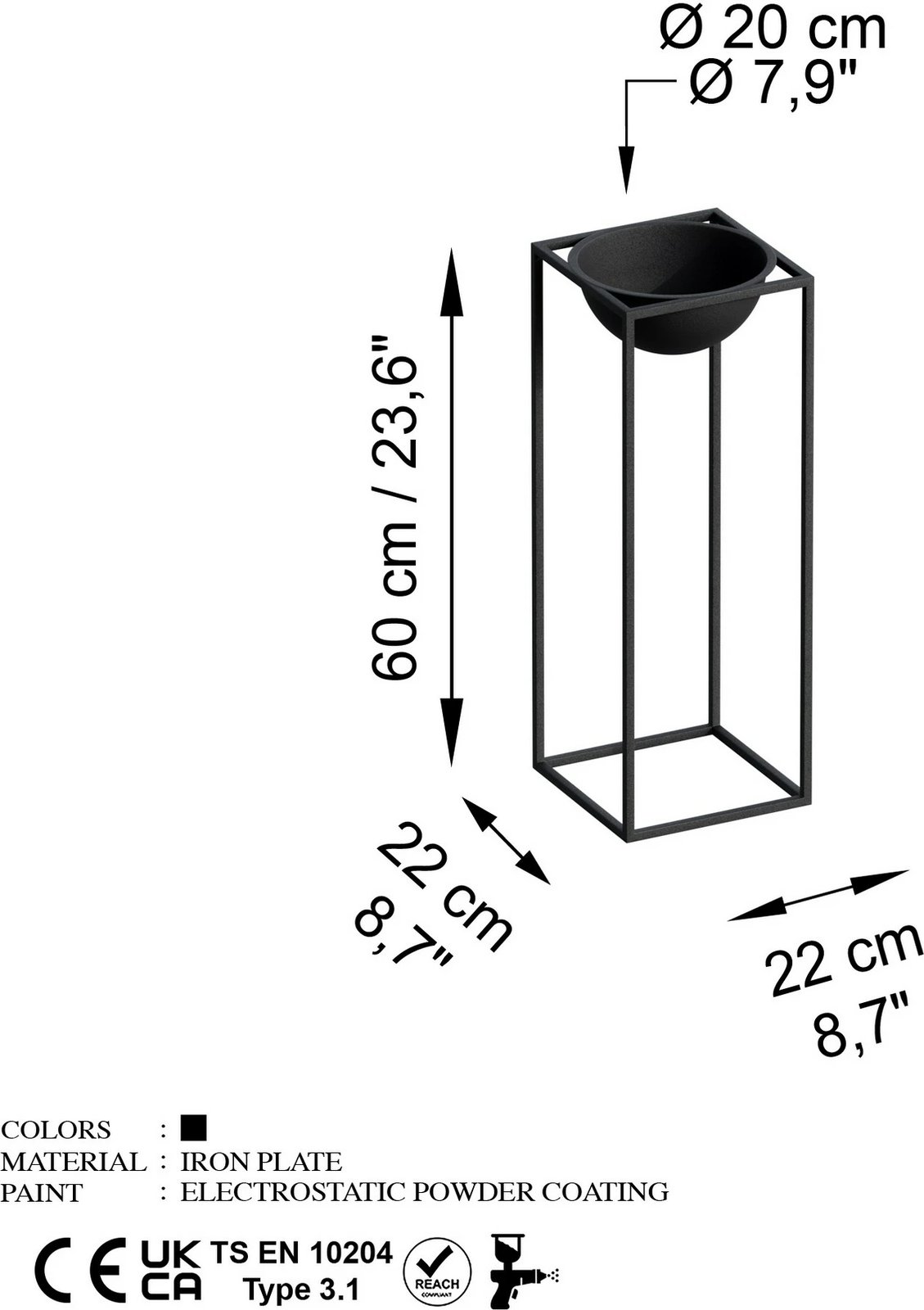Vazo dekorative, dizajn Aberto, GED-021, e zezë, 22x22x60cm