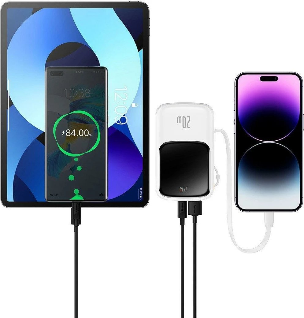 Power bank Baseus Qpow, 10000mAh, 20W, me kabllo Lightning të integruar, Bardhë