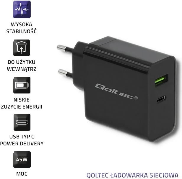 Karikues rrjeti Qoltec 51717, 45W, USB Type-C PD & USB, i zi