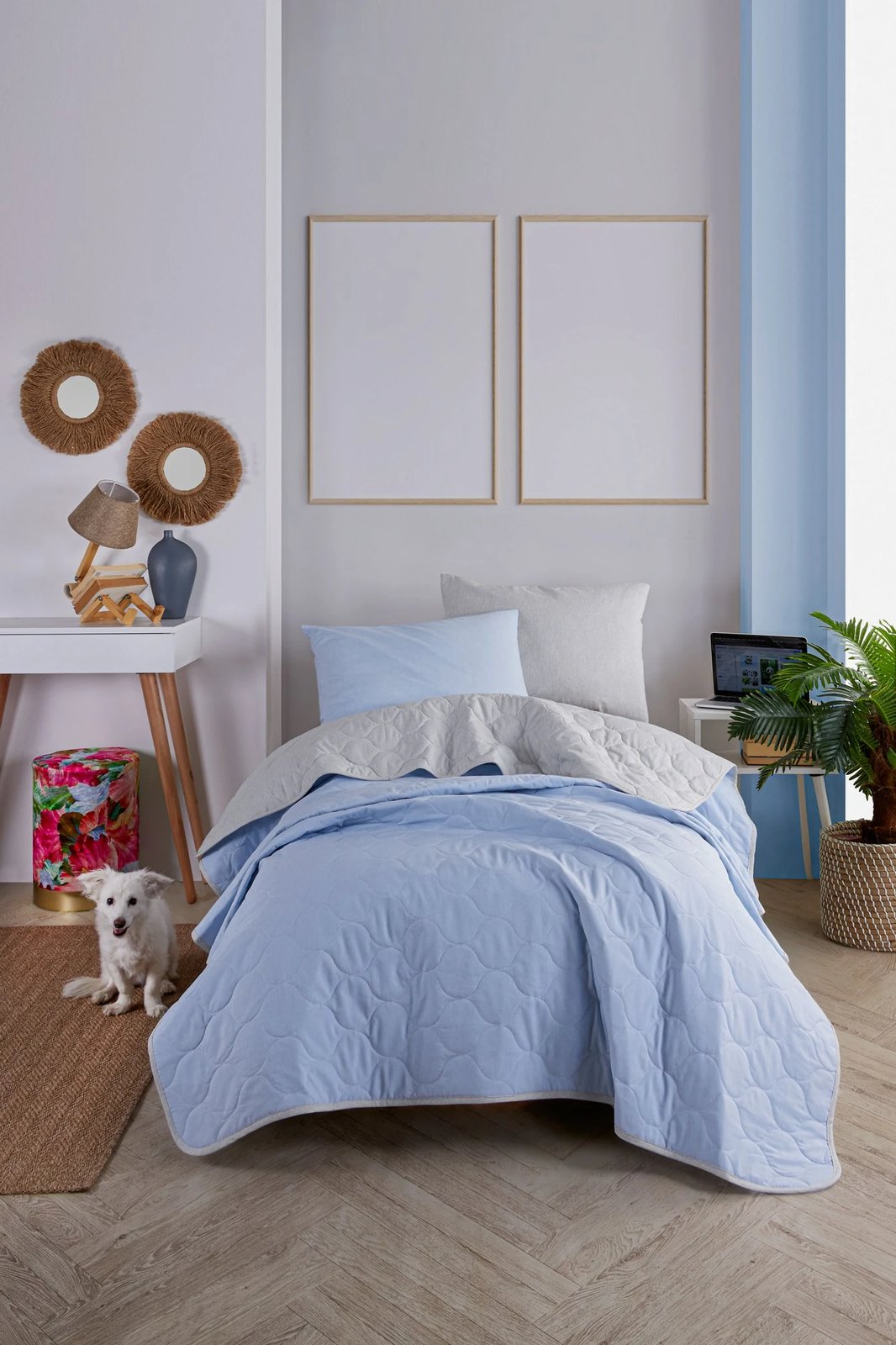 Set mbulesë krevati teke, L'essentiel, ngjyrë e kaltër e çelët dhe gri Set mbulesë krevati teke, L'essentiel, ngjyrë e kaltër e çelët dhe gri