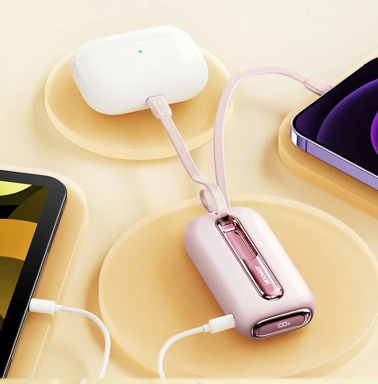 Powerbank Joyroom JR-L012, 10000mAh, 22.5W, me 2 kabllo të integruara USB-C dhe Lightning, Rozë