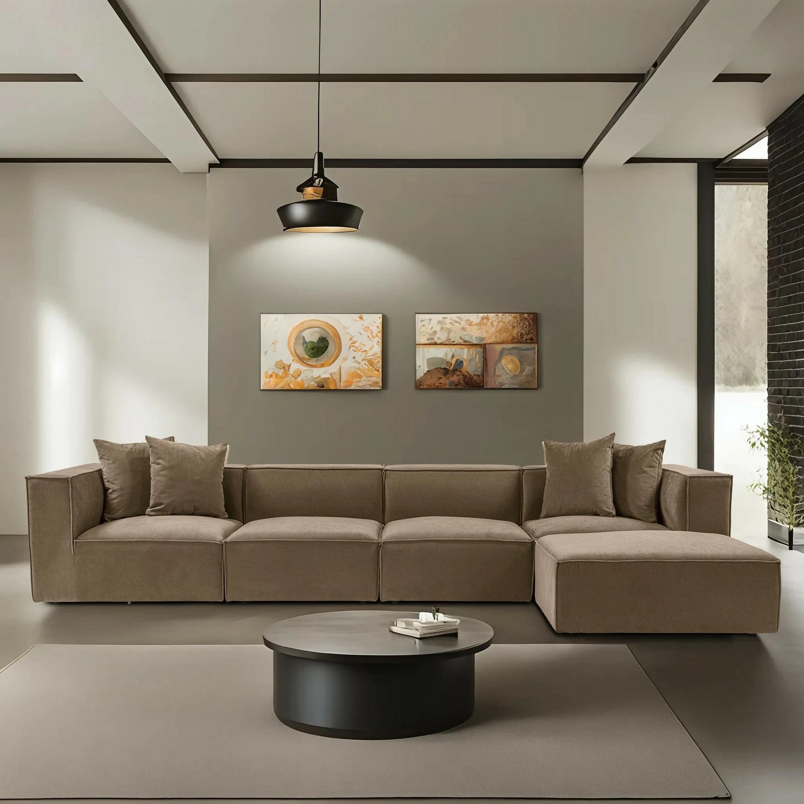 Këndore Sora me pouffe, kornizë druri, pëlhurë lino, kafe, 350x65x190cm