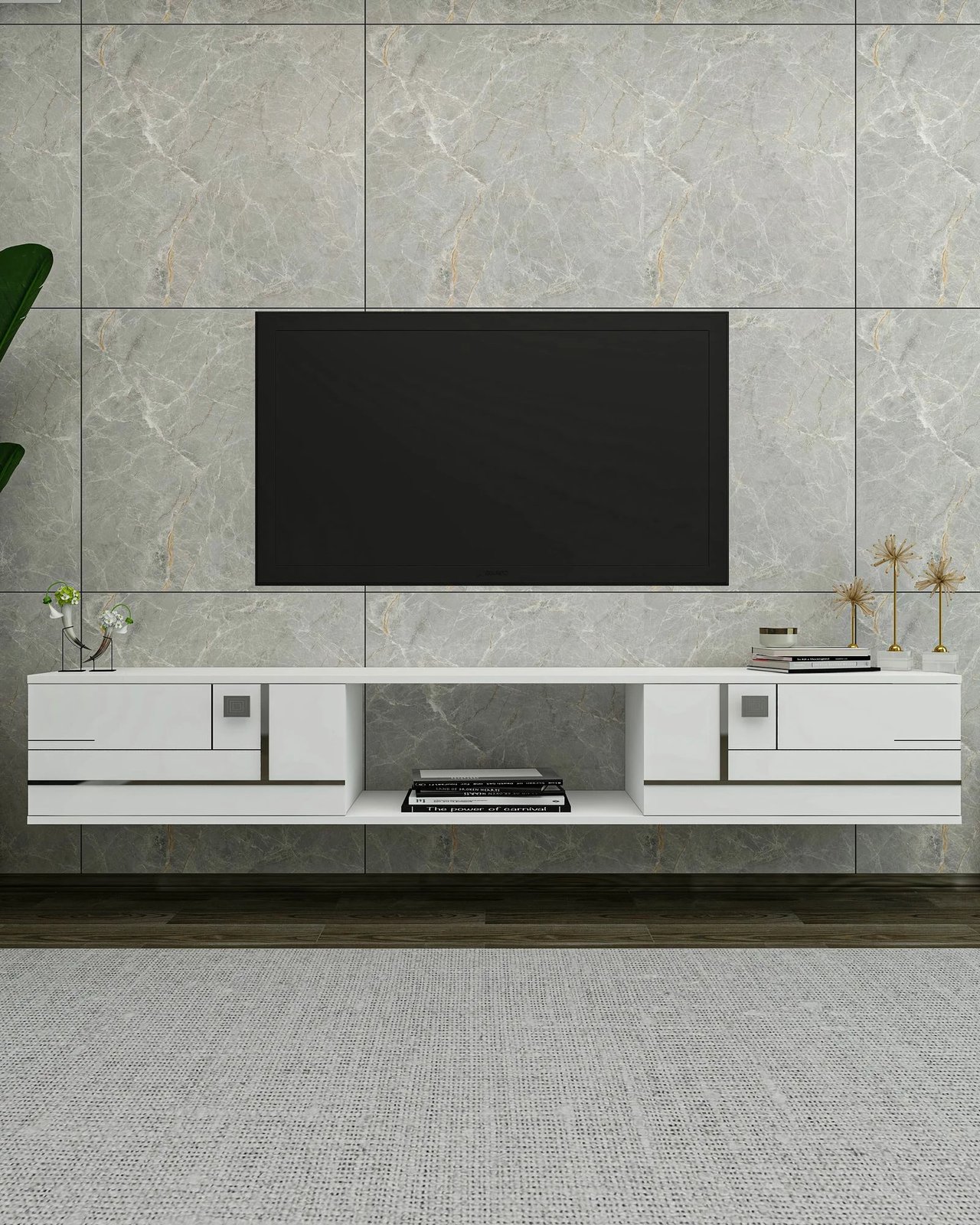 Komodë TV Skye Decor, e bardhë, argjend