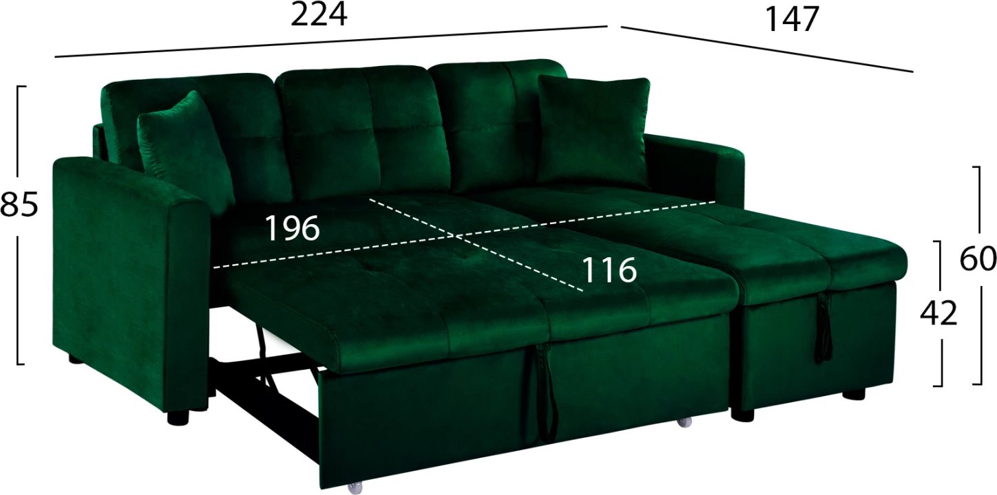 Divan qoshe që bëhet shtrat Wayne 224x147x85 FH3028.13 Kadife Jeshile Cipres
