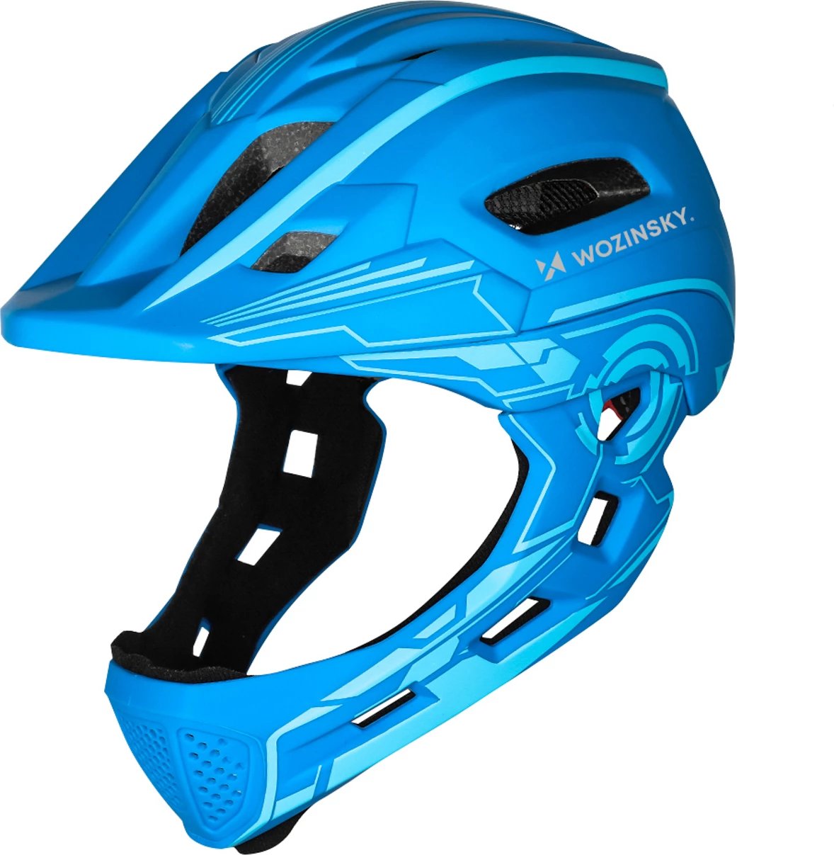 Helmetë biçiklete full-face për fëmijë, Wozinsky HT-27N, me dritë LED USB të pasme, rregullim 360°, madhësi S (52-56 cm), blu
