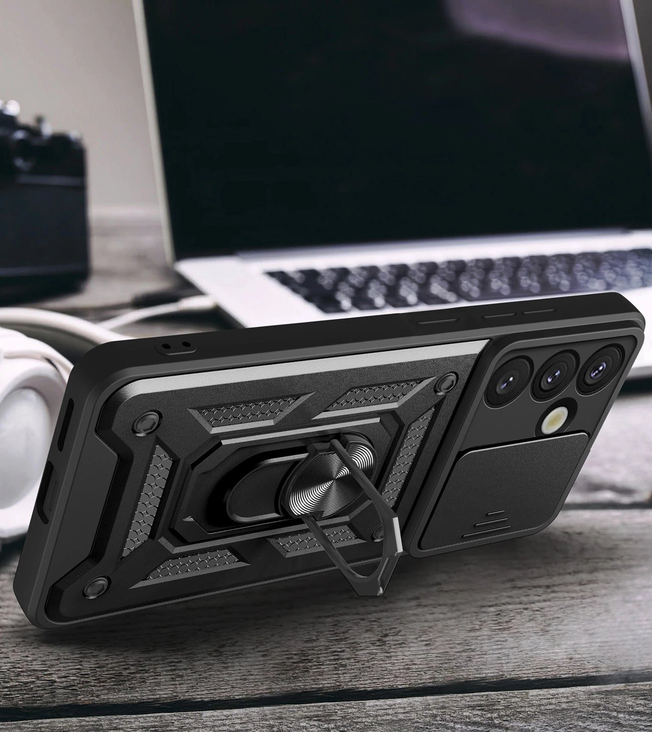 Mbështjellës Hurtel Hybrid Armor Camshield me kapak kamere dhe unazë metalike për Samsung Galaxy S25, Zi