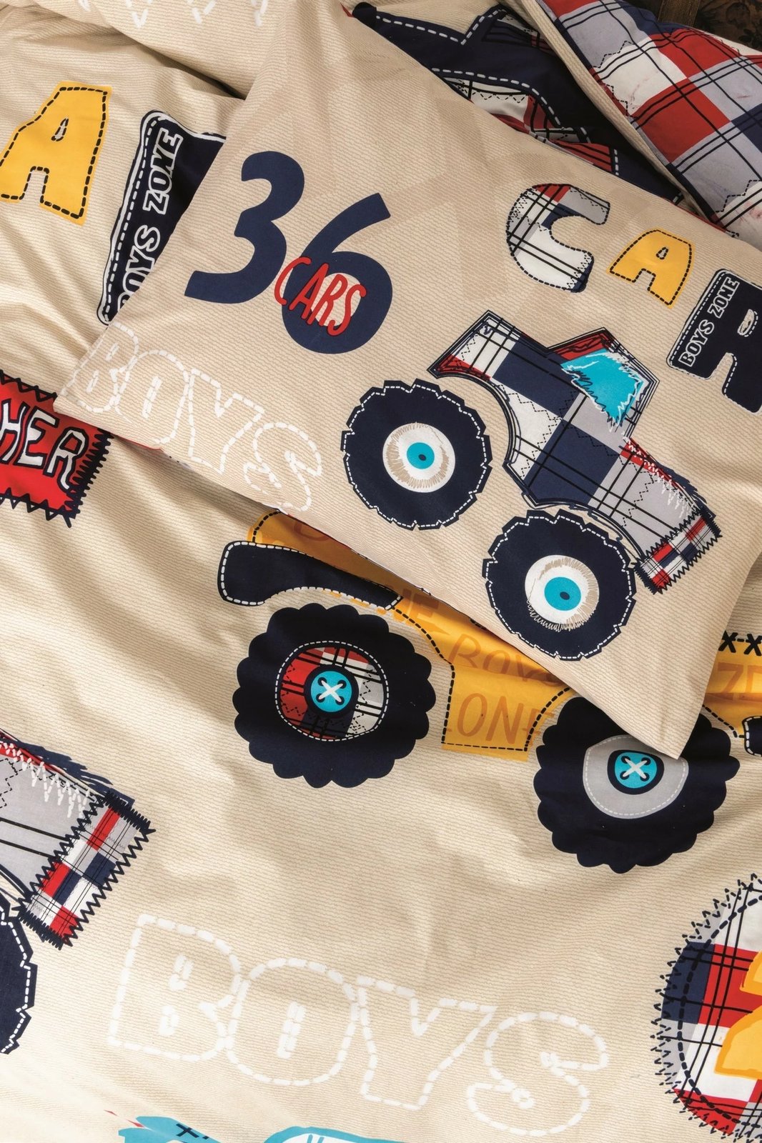 Set mbulesë për jorgan për të rinj, dizajn makina, ngjyrë bezhë