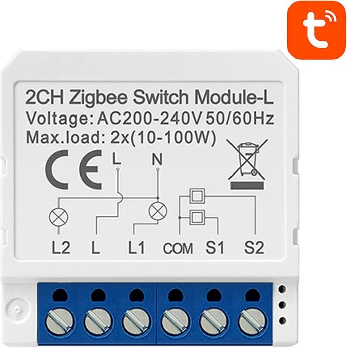 Modul switch smart ZigBee, Avatto LZWSM16-W2, 2 kanale, pa neutral, ZigBee 3.0, Tuya/Smart Life, i bardhë