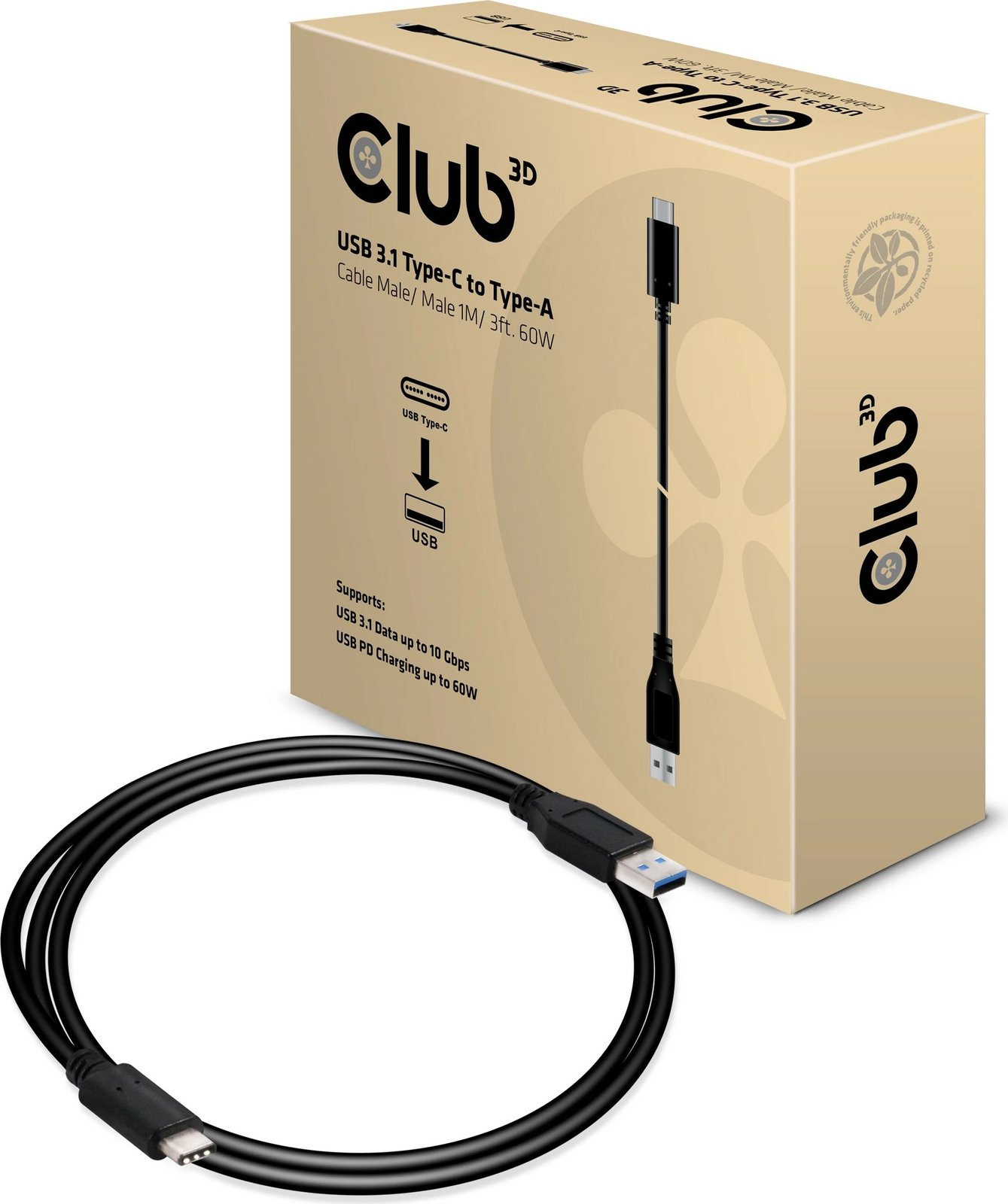 Kabllo USB Club3D USB 3.1 Type-C në Type-A 1m e zezë Kabllo USB Club3D USB 3.1 Type-C në Type-A 1m e zezë