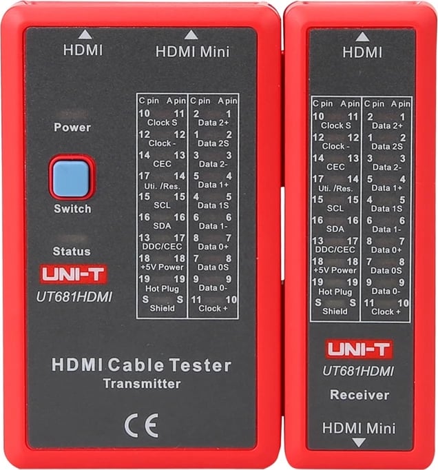 Tester kabllosh HDMI, UNI-T UT681HDMI, LED 19-pins, 3 modalitete testimi (fast/scan/full), mbështetje Mini HDMI, bateri 9V, kuq-gri, set transmetues + marrës
