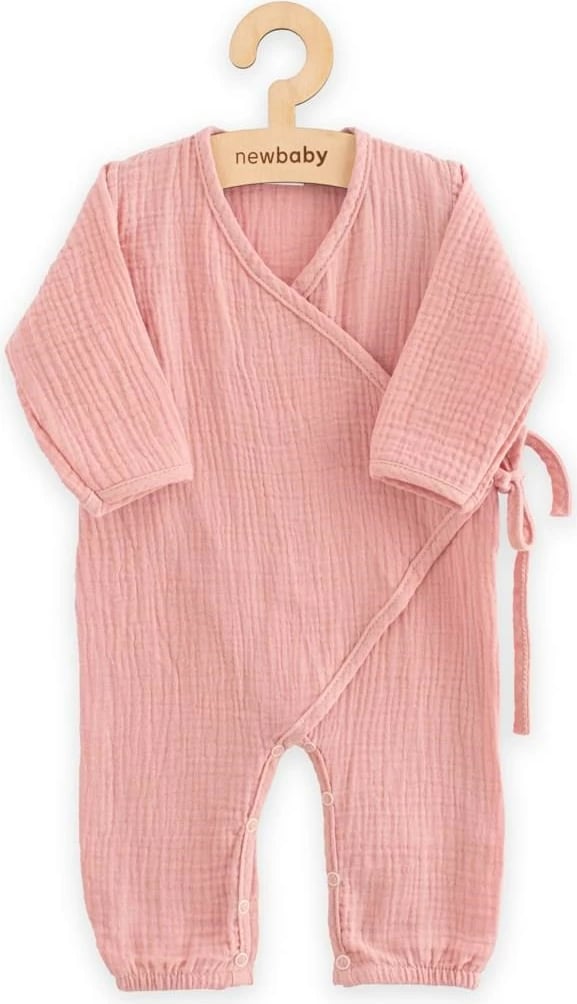 Kombinezon bebesh, New Baby, muslin pambuk 100%, me lidhëse anësore dhe kopsa, mëngë të gjata, për vajza, madhësia 62 (3-6m), rozë