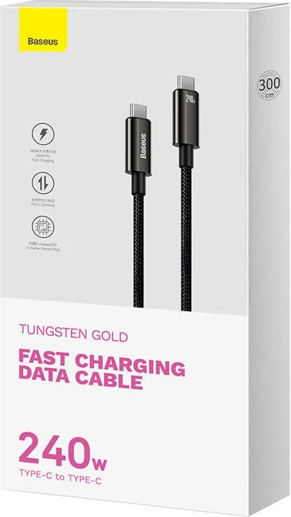 Kabllo USB-C në USB-C Baseus Tungsten Gold, 3m, 240W, e zezë Kabllo USB-C në USB-C Baseus Tungsten Gold, 3m, 240W, e zezë