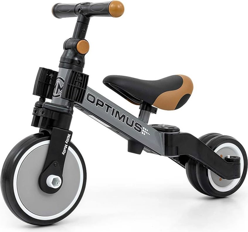 Tricikël 3-në-1 fëmijë, Milly Mally Optimus, me pedale të heqshme dhe rrota shkumë, deri 25 kg, gri