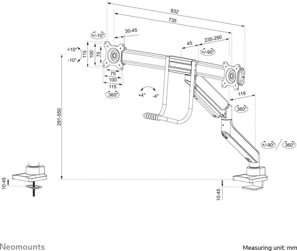 Krah monitori tavoline Neomounts, Clamp/Grommet, 8 kg, 43.2 cm (17"), 81.3 cm (32"), 100 x 100 mm, Bardhë Krah monitori tavoline Neomounts, Clamp/Grommet, 8 kg, 43.2 cm (17"), 81.3 cm (32"), 100 x 100 mm, Bardhë