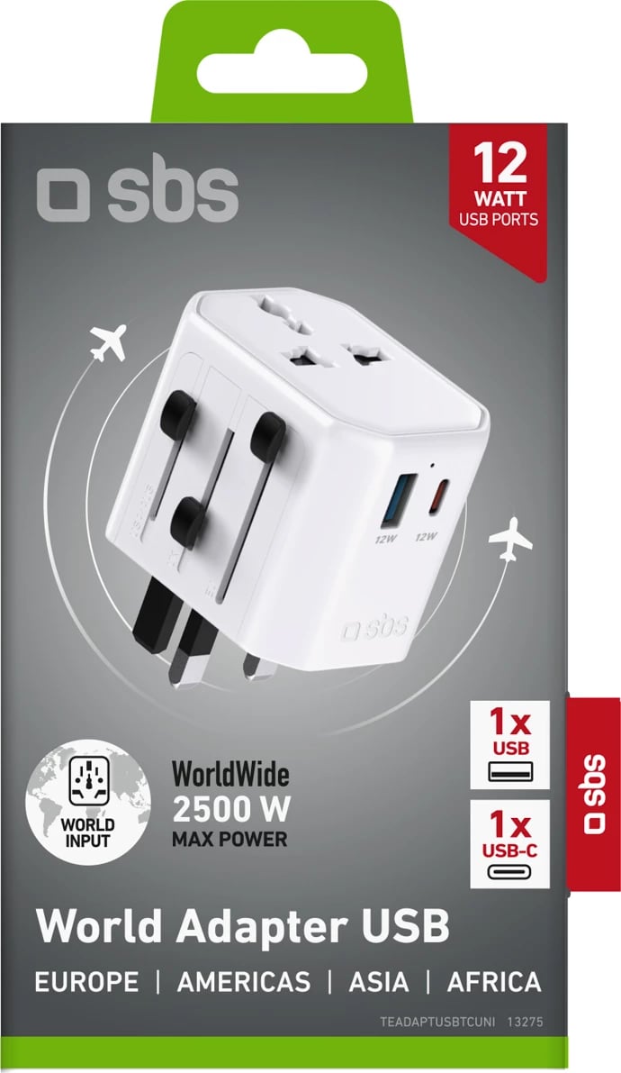 Adapter universal udhëtimi, SBS TEADAPTUSBTCUNI, 2500 W 10 A, prizat EU/UK/US/AU, USB-A + USB-C 12 W, e bardhë