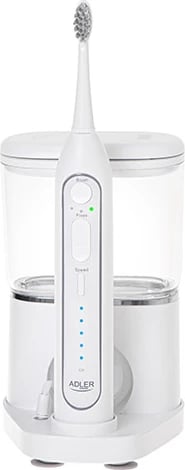 Furçë dhëmbësh sonike me irigator, Adler AD 2180, 2-në-1 500 ml USB-C, e bardhë, set me 2 koka + kuti udhëtimi