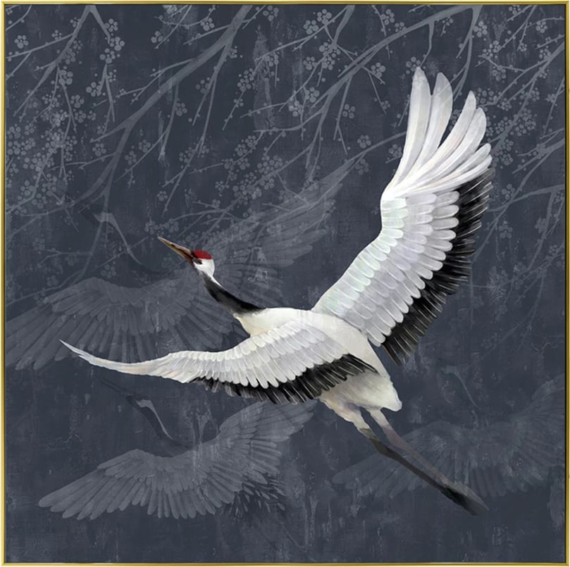 Pikturë dekorative me lejlek, kanavacë, ngjyrë petrol, e bardhë, dru i zi, 83x83x5cm