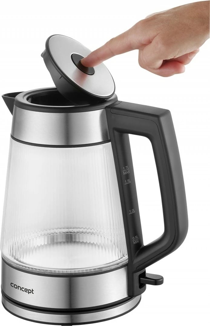 Çajnik elektrik Concept RK4210 1.7 L 2200 W xhami me ndriçim LED bazë rrotulluese STRIX inox dhe transparent