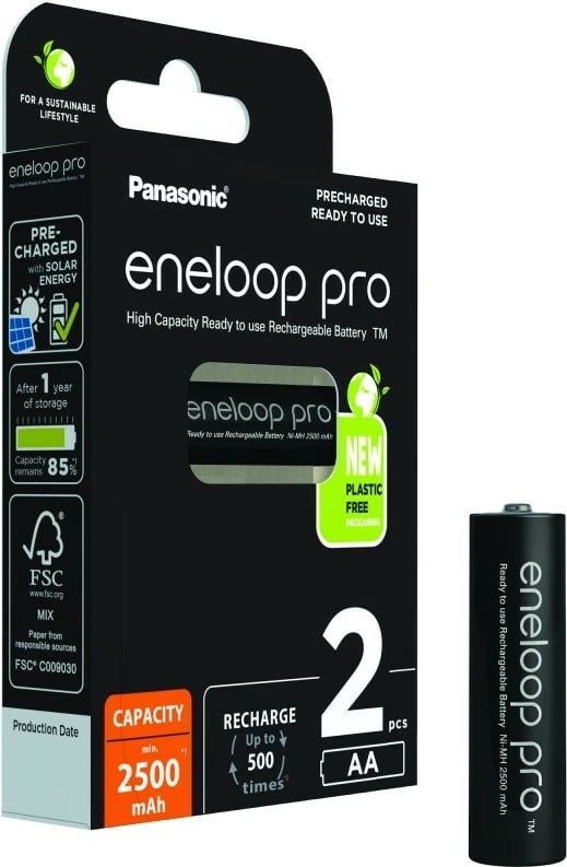 Bateri të rikarikueshme Panasonic Eneloop Pro AA, 2500 mAh, 2 copë