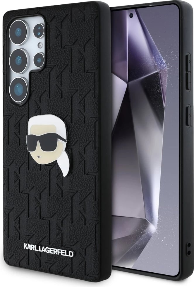 Mbështjellës Karl Lagerfeld Leather Monogram Pin Logo Karl Head për Samsung Galaxy S25 Ultra, Zi