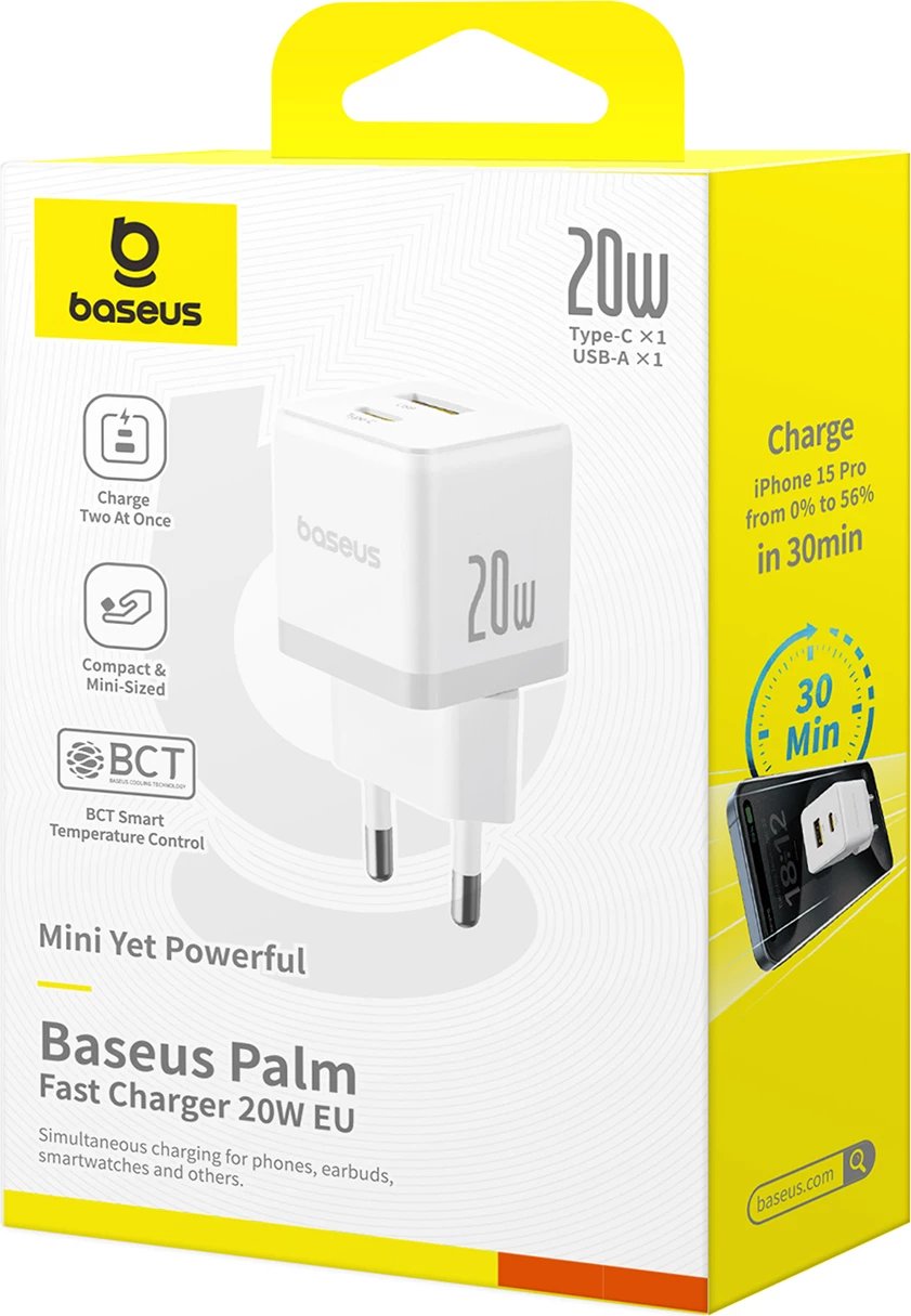 Karikues muri Baseus Palm 20W, USB-C & USB-A, i bardhë
